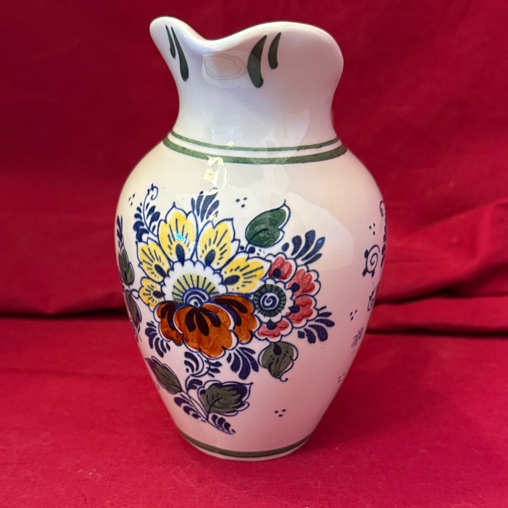 Delft Polychroom Bols Floral Ceramic Pitcher with Green, Blue and Orange Pattern